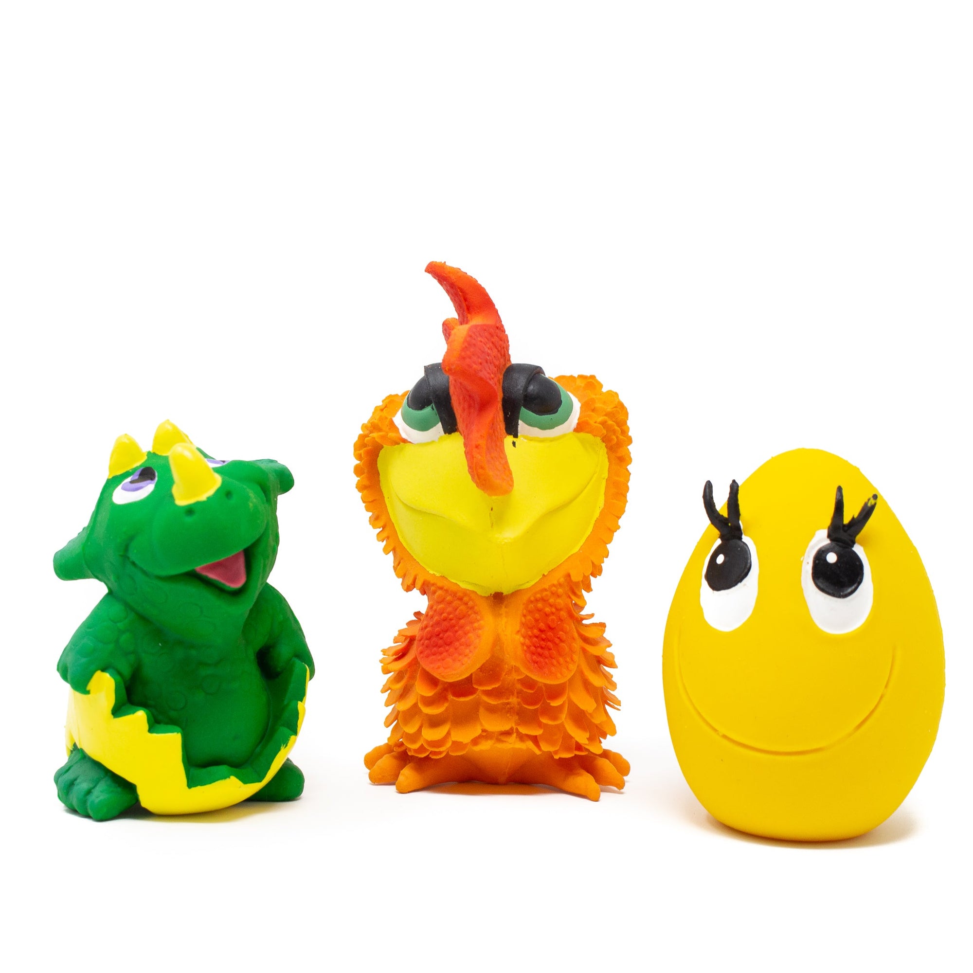 XL Egg, Cockerel and Dino in Egg 3-Pet Set - Natural Rubber Toys
