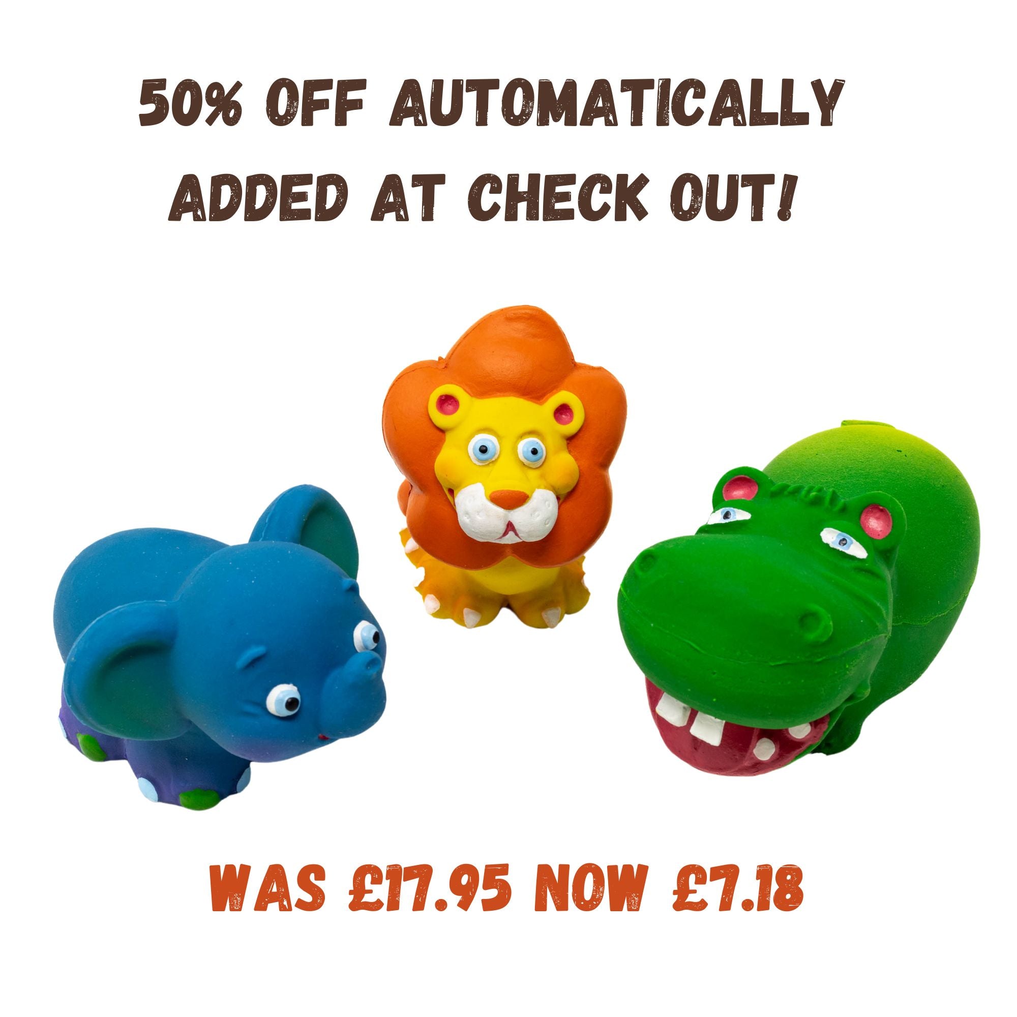 50 Elephant Lion Hippo Dog Set Natural Rubber Toys