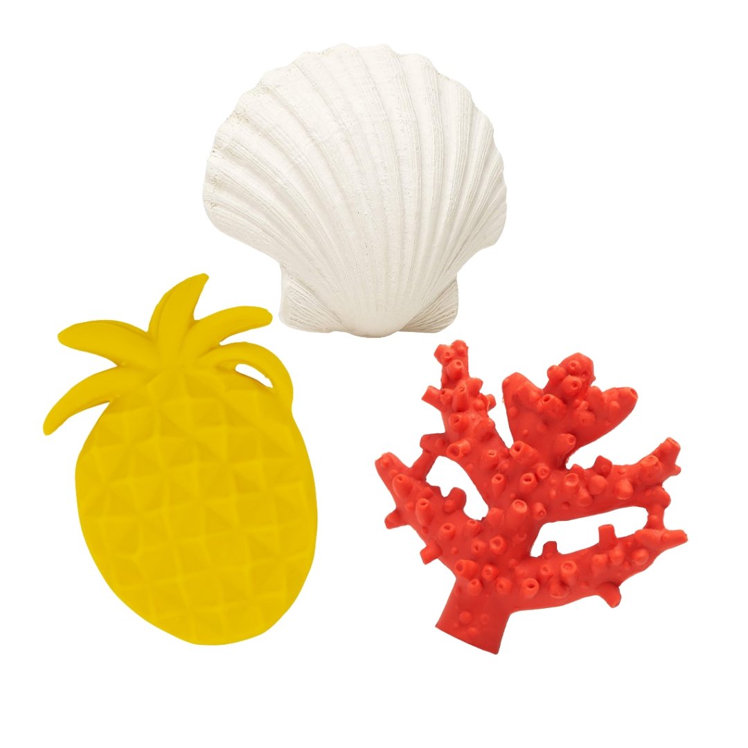 Pineapple, Clamp Shell and Coral Teething Baby 3-gift set, fully moulded - Natural Rubber Toys