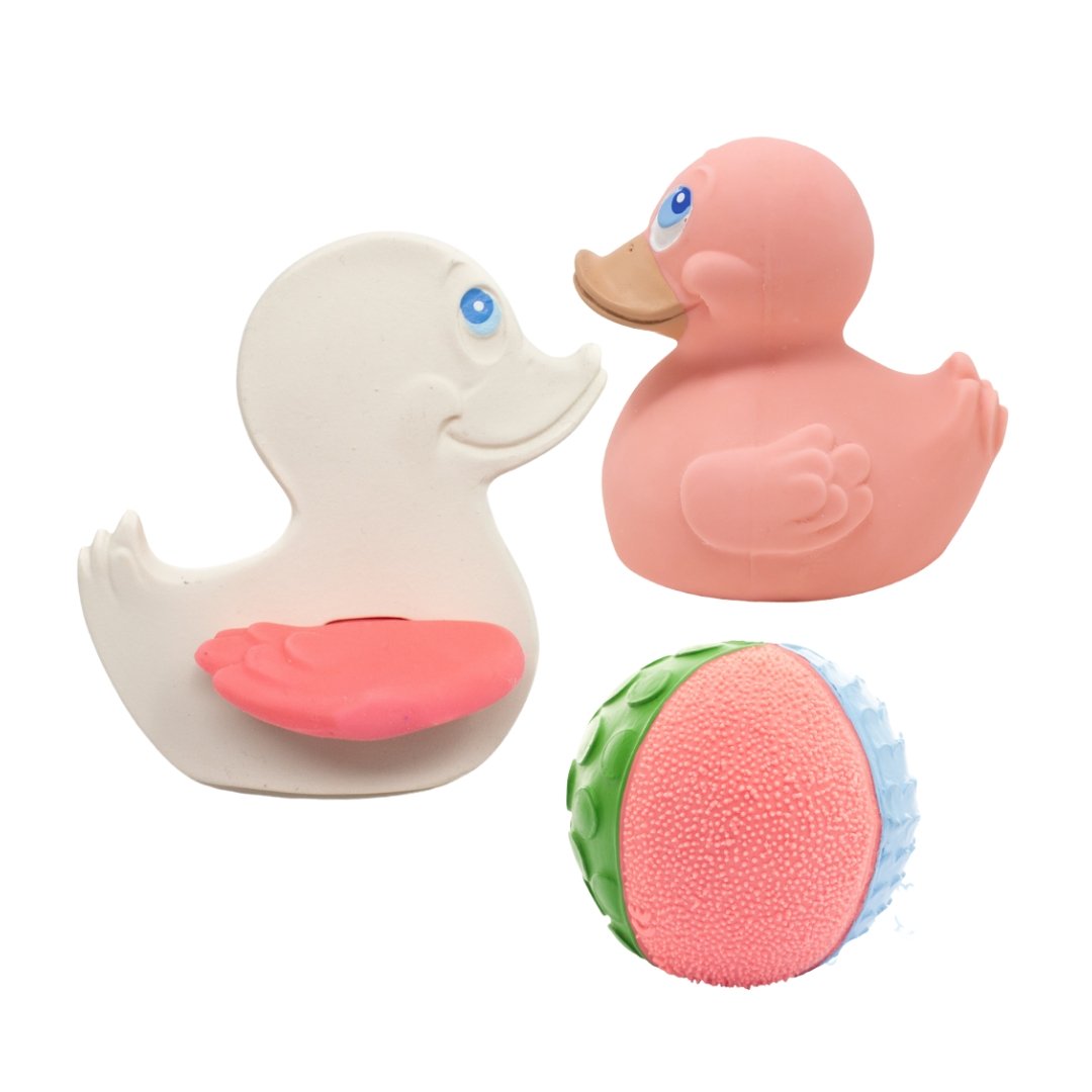 Pink Bath time Duck and Teether, Phantasy the Ball Baby Gift 3-Set - Natural Rubber Toys
