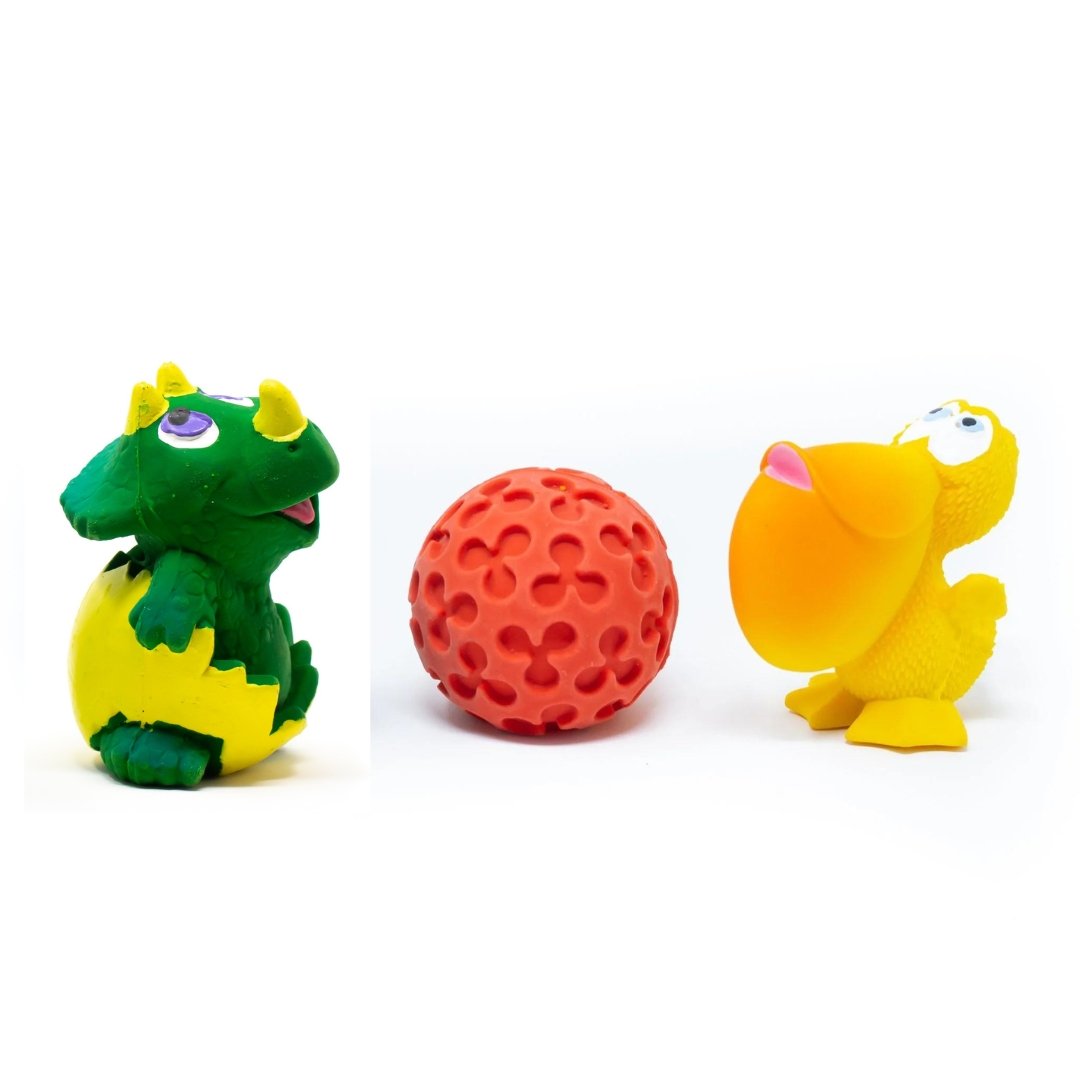 Puppy Teething Set (Dinosaur, Clover Ball &amp; Pelican) - Natural Rubber Toys