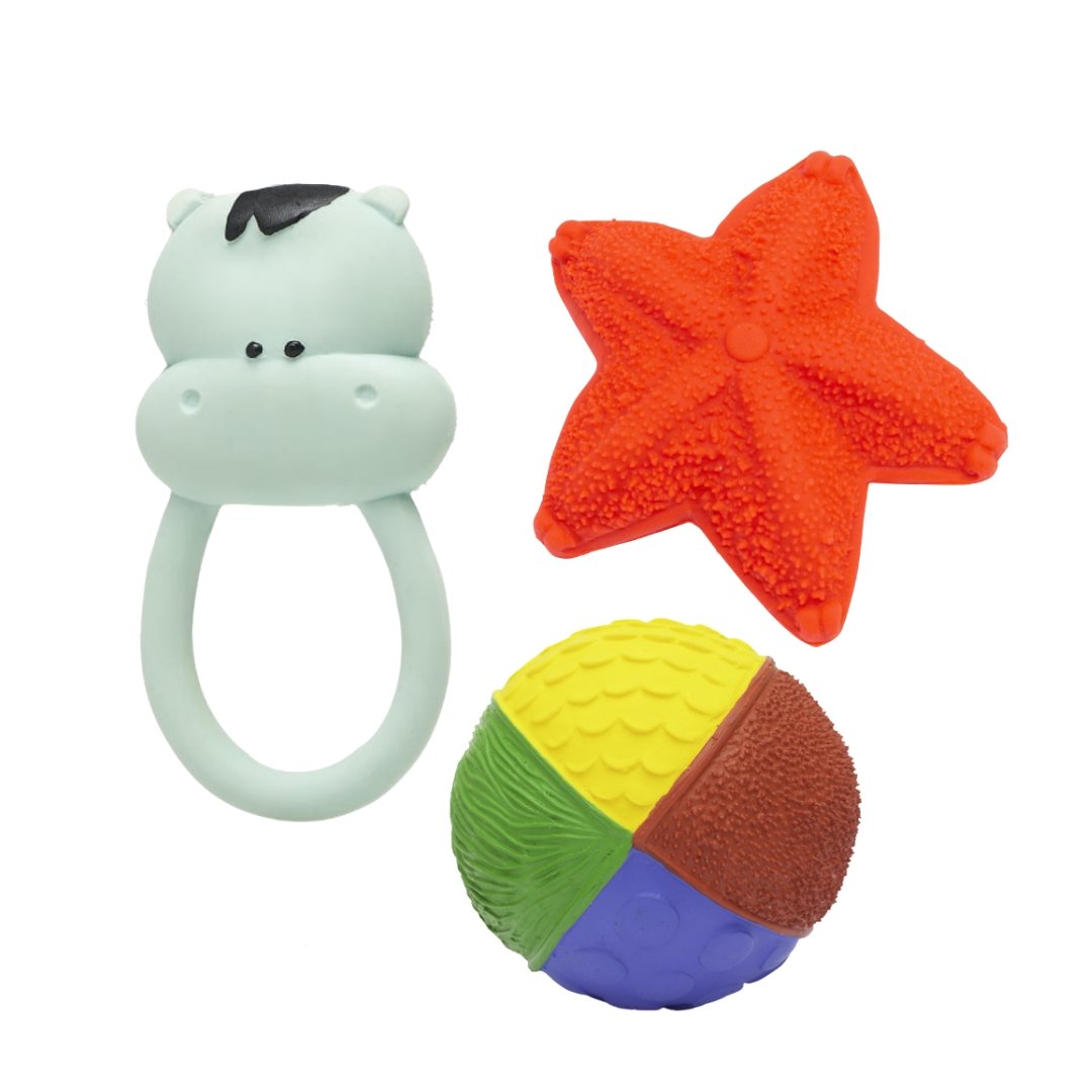 Red Sea star, Hippo Teether & Phantasy the Ball Baby Gift 3-Set - Natural Rubber Toys