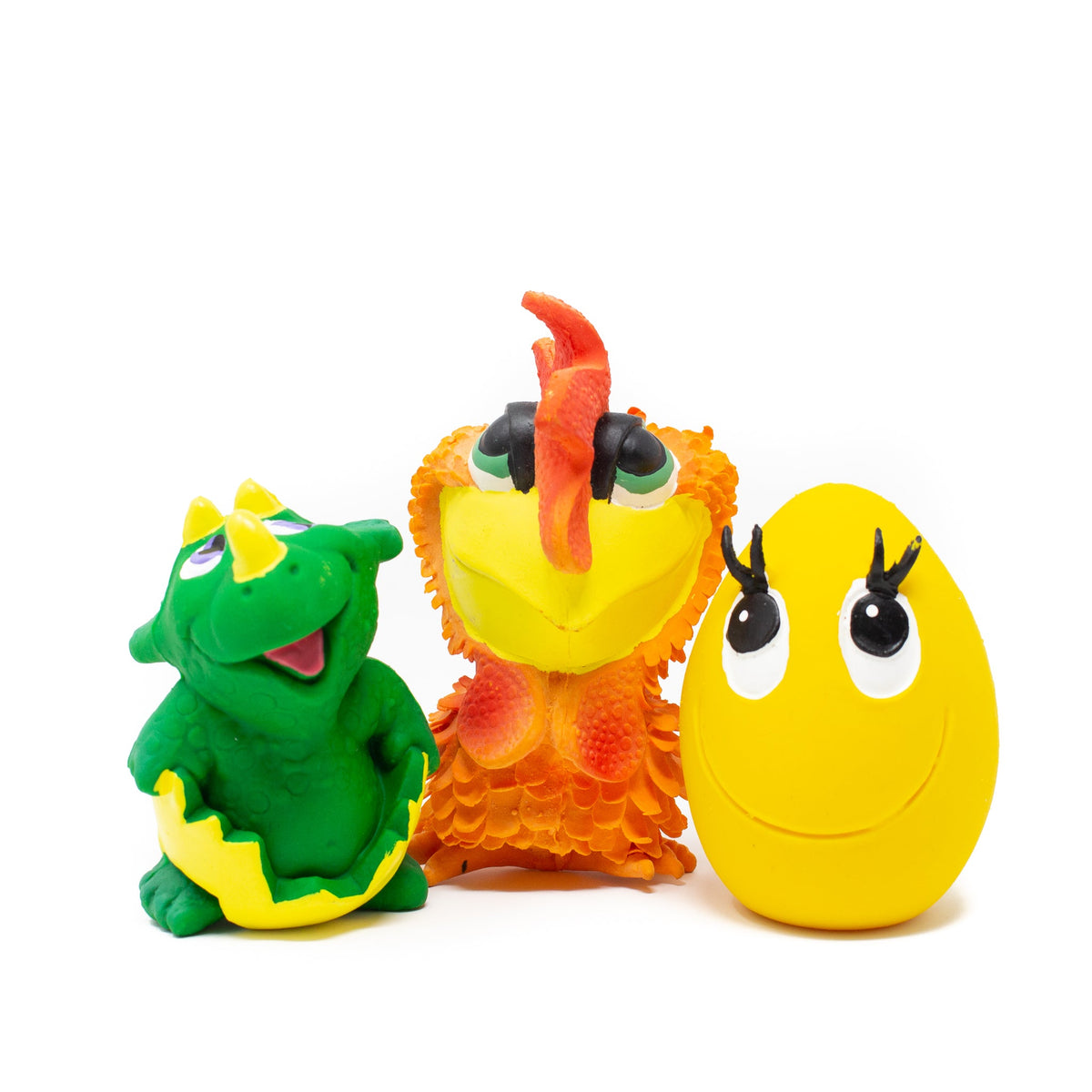 XL Egg, Cockerel and Dino in Egg 3-Pet Set - Natural Rubber Toys